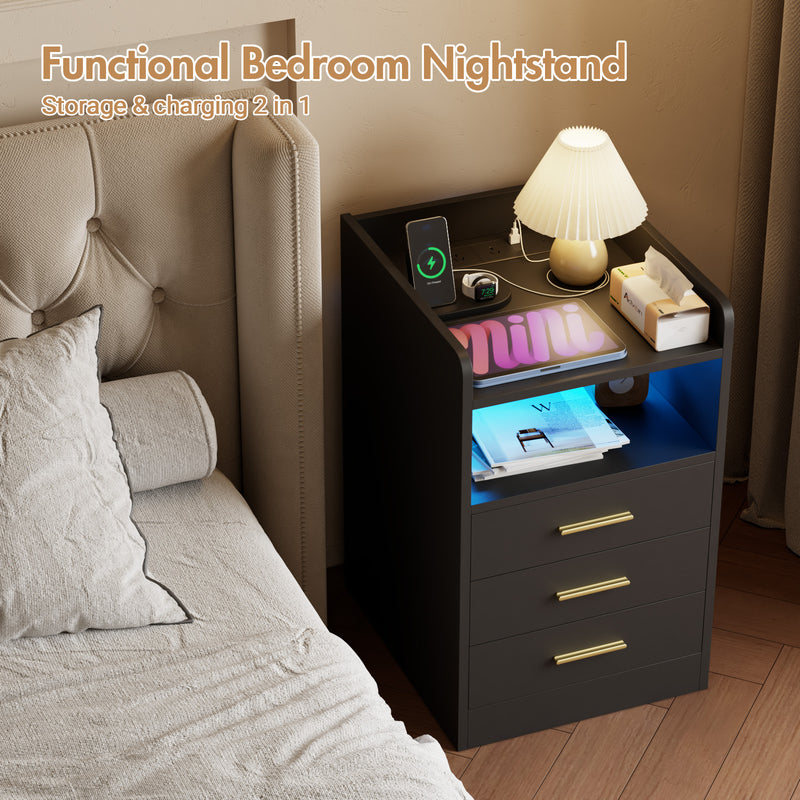 Advwin Bedside Table 3 Drawers Cabinet Black