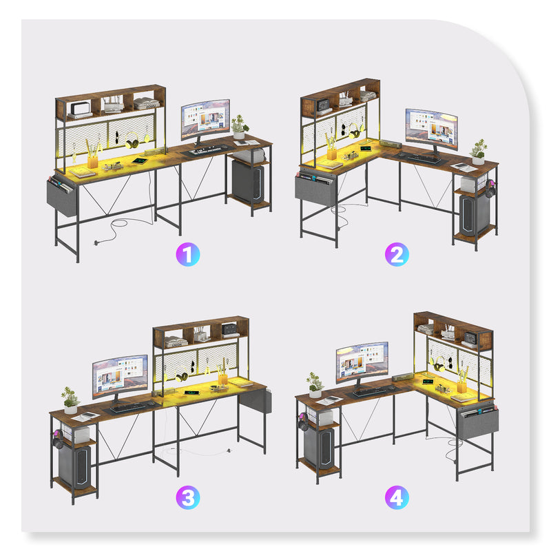 Advwin L Shaped Gaming Desk with LED Lights &  Storage Shelf