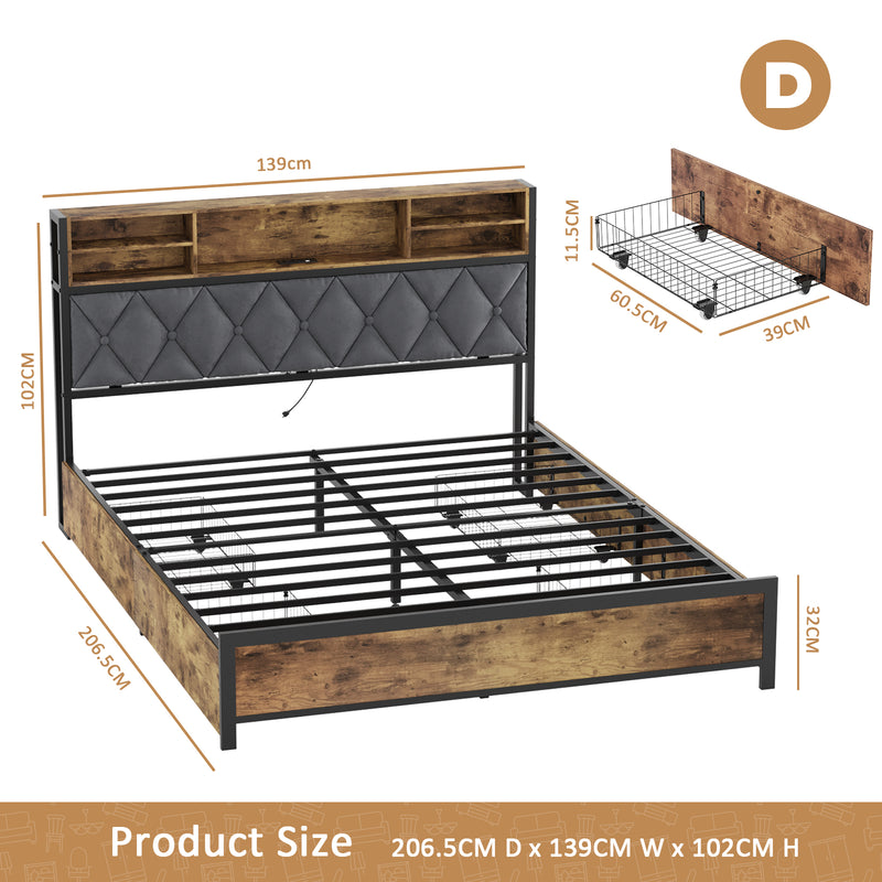 Advwin Bed Frame Double Size with Charging Station