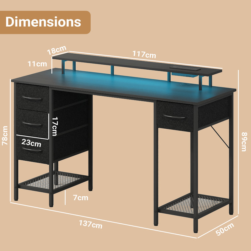 Advwin Gaming Desk with LED Lights with Monitor Stand 137cm