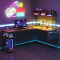 Advwin L Shaped Gaming Desk with LED Lights &  Storage Shelf