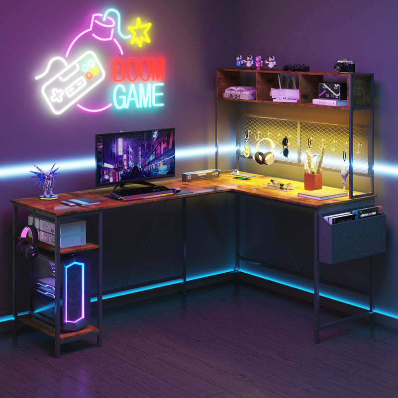 Advwin L Shaped Gaming Desk with LED Lights &  Storage Shelf