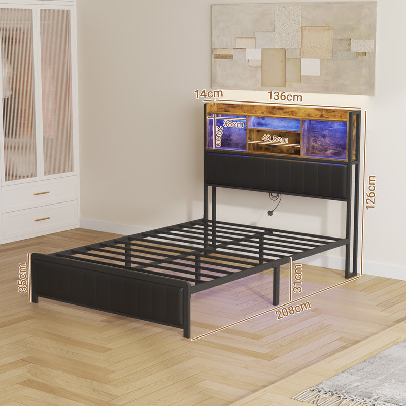 Advwin Bed Frame with Charging Station & LED Storage Shelf