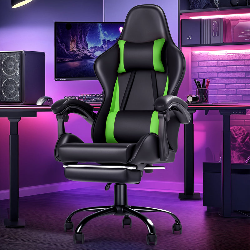 Advwin Gaming Chair Massage Lumbar with Footrest Green