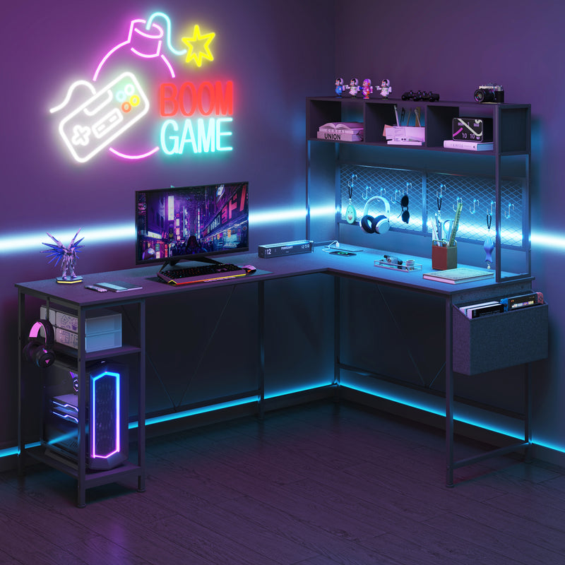 Advwin L Shaped Gaming Desk with LED Lights &  Storage Shelf