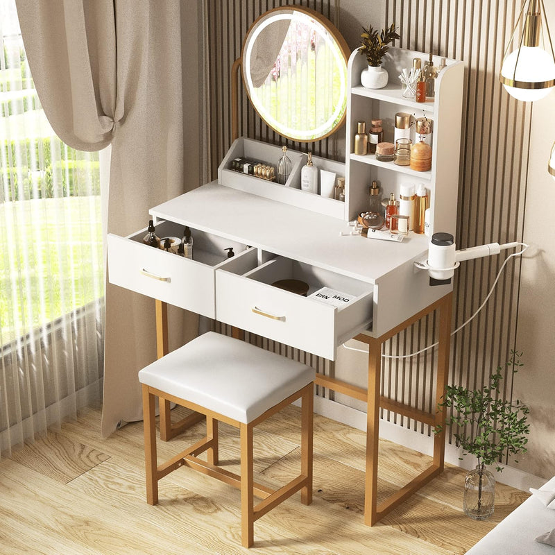 Advwin Dressing Table Set with Power Outlet White & Golden