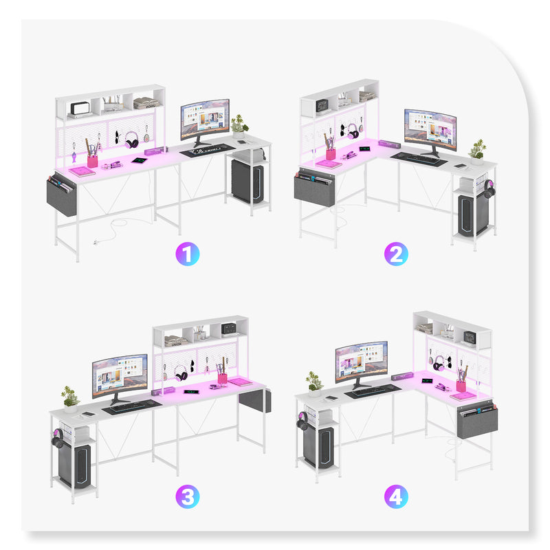 Advwin L Shaped Gaming Desk with LED Lights &  Storage Shelf