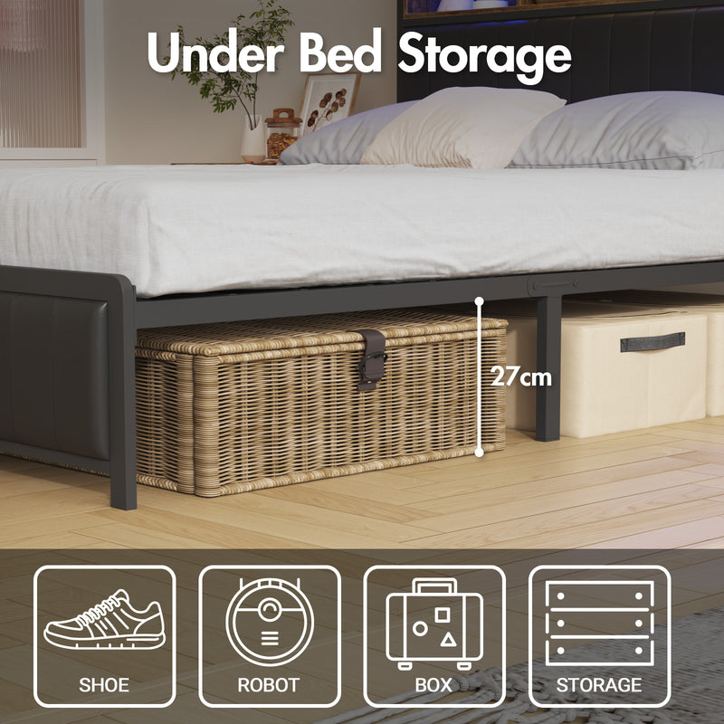 Advwin Bed Frame with Charging Station & LED Storage Shelf