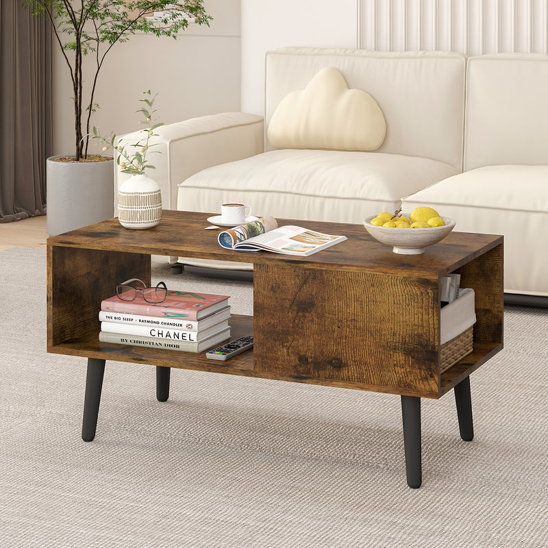 Advwin Rustic Coffee Table with Open Shelf Walnut