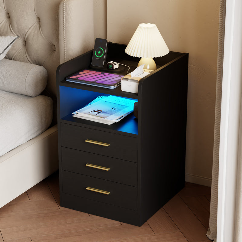 Advwin Bedside Table 3 Drawers Cabinet Black