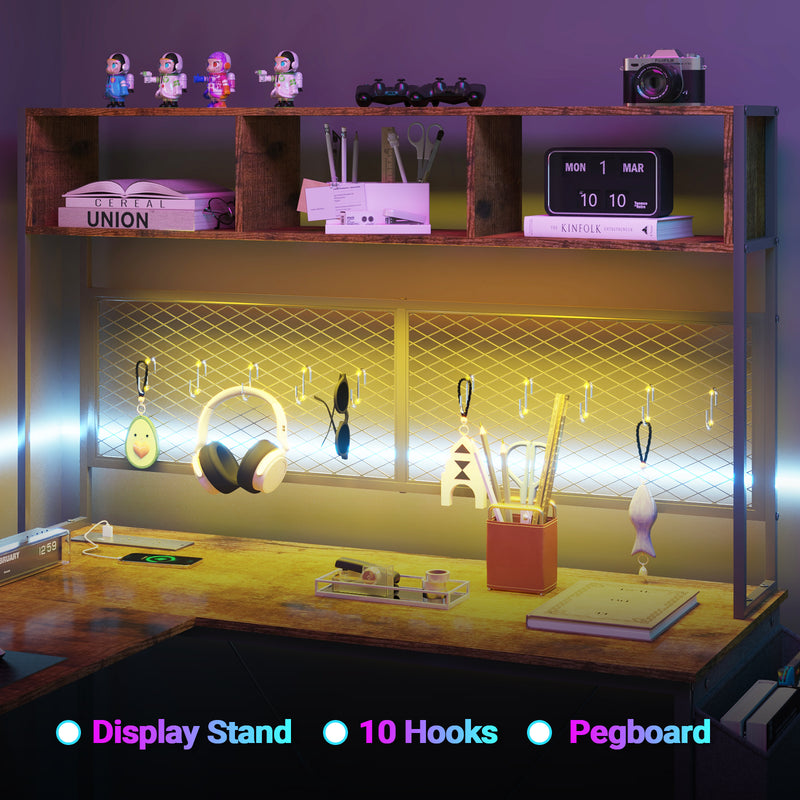 Advwin L Shaped Gaming Desk with LED Lights &  Storage Shelf