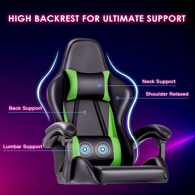 Advwin Gaming Chair Massage Lumbar with Footrest Green