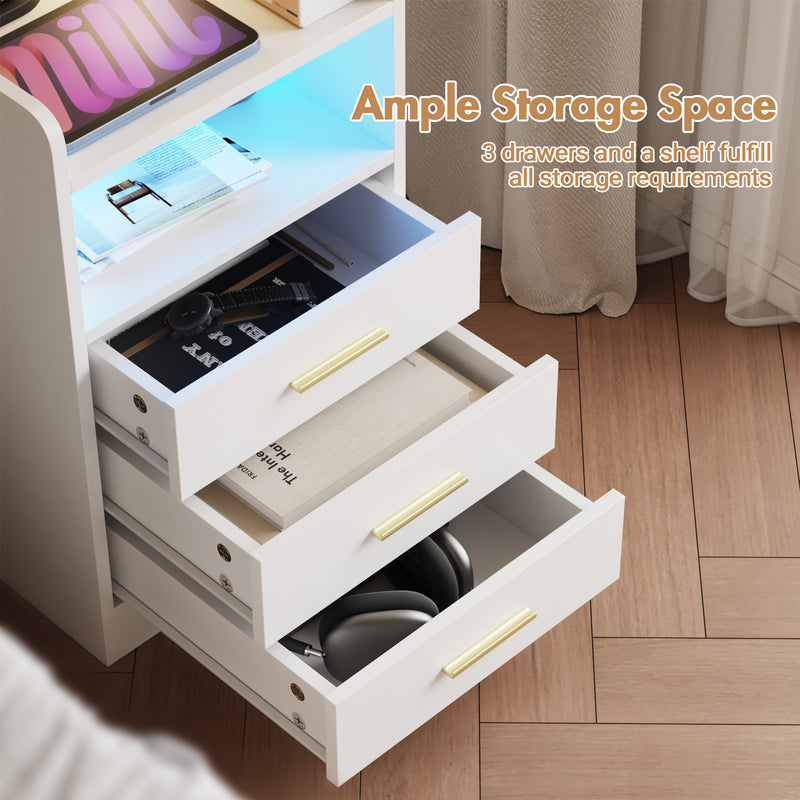 Advwin Bedside Table 3 Drawers Cabinet White