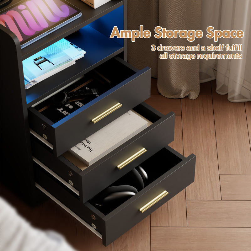 Advwin Bedside Table 3 Drawers Cabinet Black