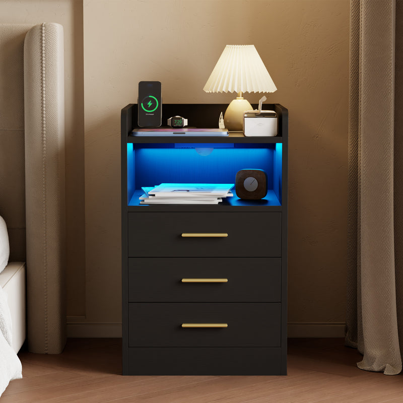 Advwin Bedside Table 3 Drawers Cabinet Black