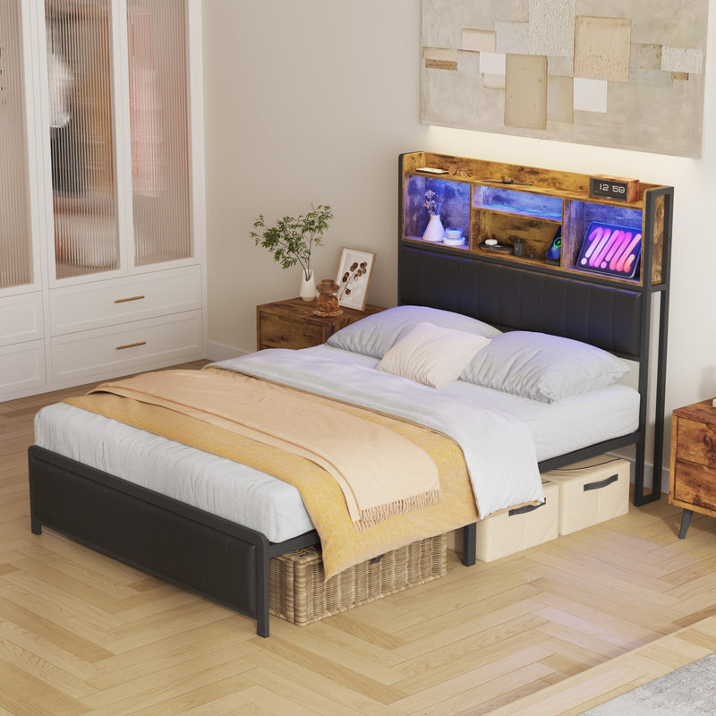 Advwin Bed Frame with Charging Station & LED Storage Shelf