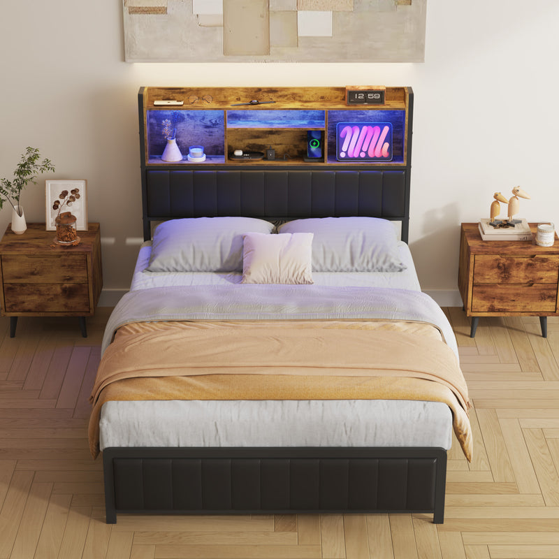 Advwin Bed Frame with Charging Station & LED Storage Shelf