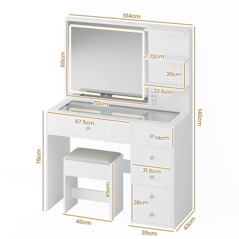 Advwin Dressing Table Stool Set Glass Tabletop